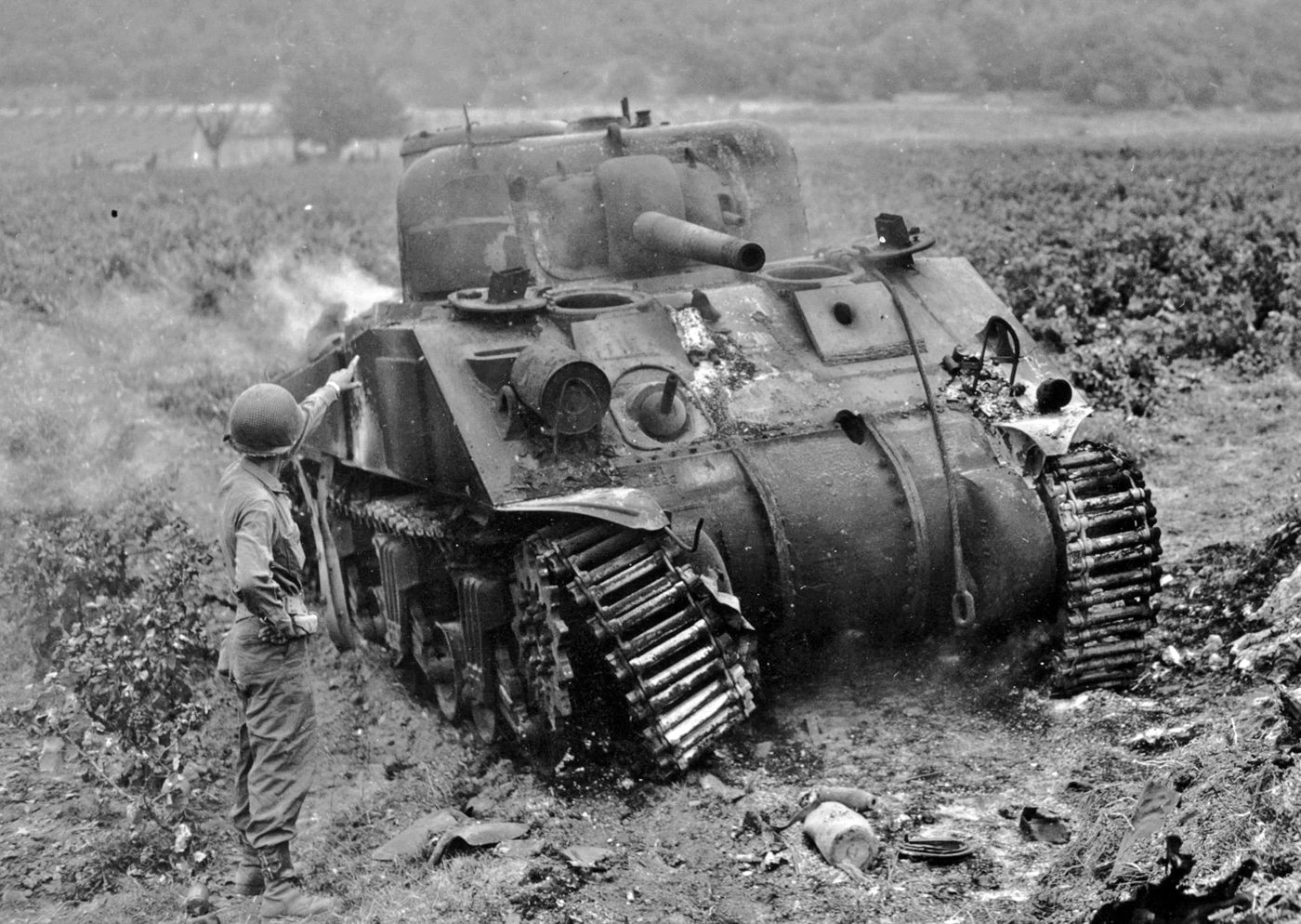 Sherman tank knocked out in Southern France