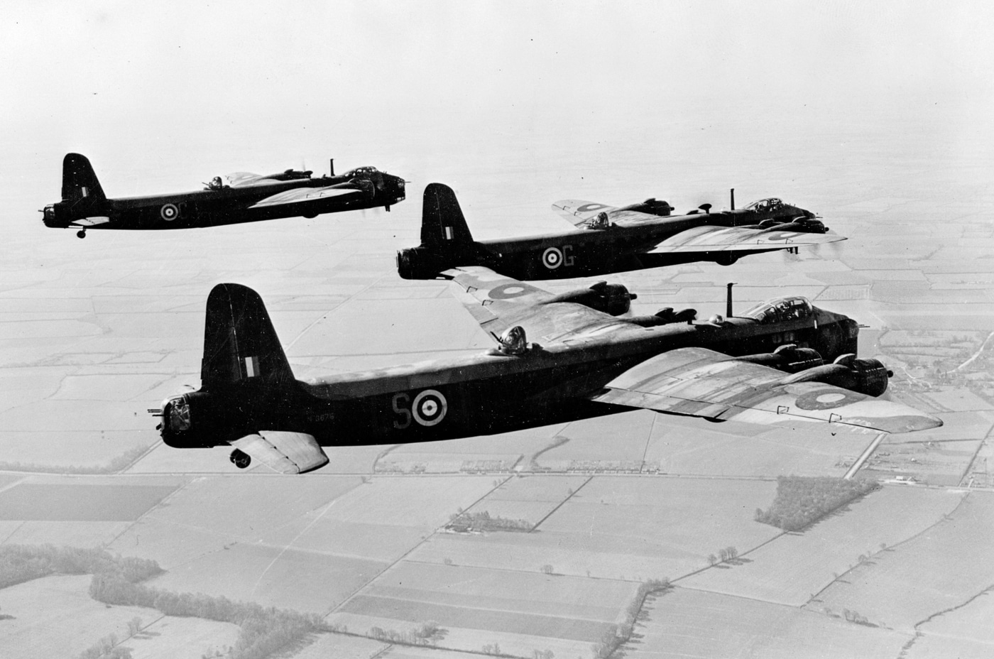 Short Stirling was the first four-engined British heavy bomber of the Second World War shown flying in formation