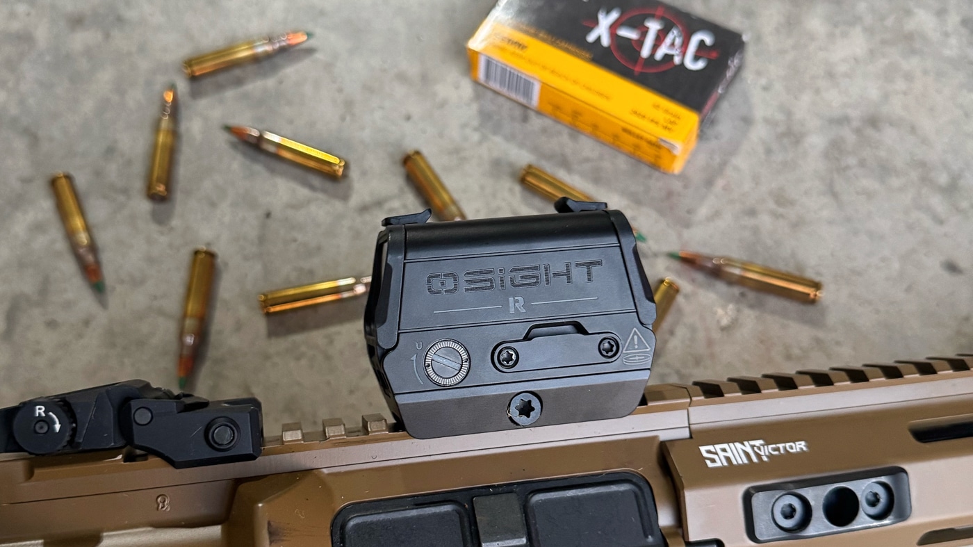 close up side view of Osight R red dot sight mounted on SAINT Victor AR-15 rifle