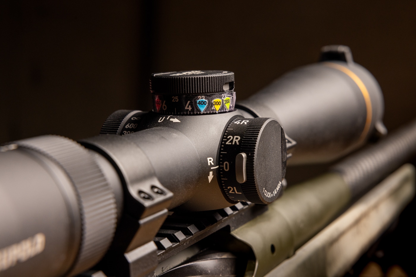 detail photo of the rifle scope stickers on the elevation turret