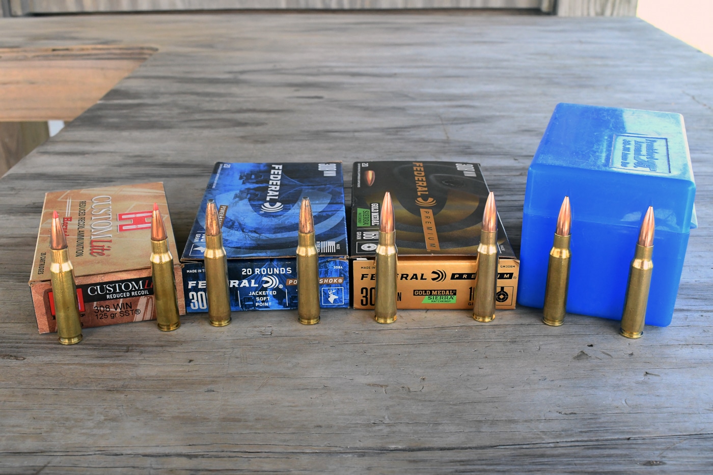lineup of 308 Win ammo the author used to test the Springfield Armory Model 2020 Waypoint with SG-100 Cerakote finish