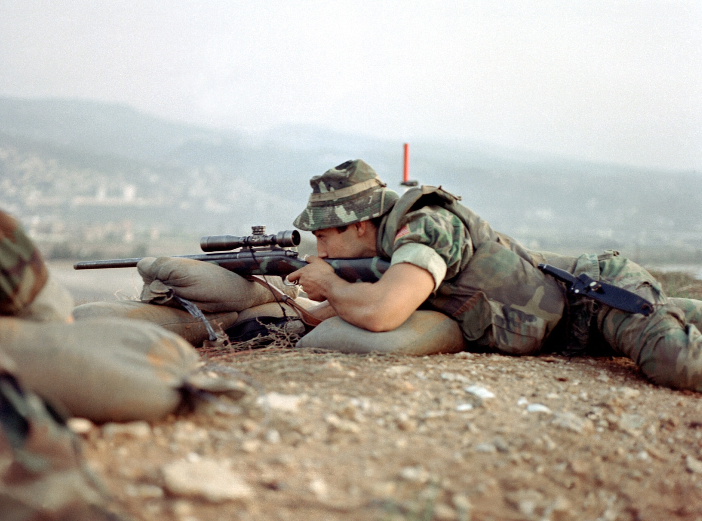 US Marine aims M40A1 rifle at Beirut International Airport