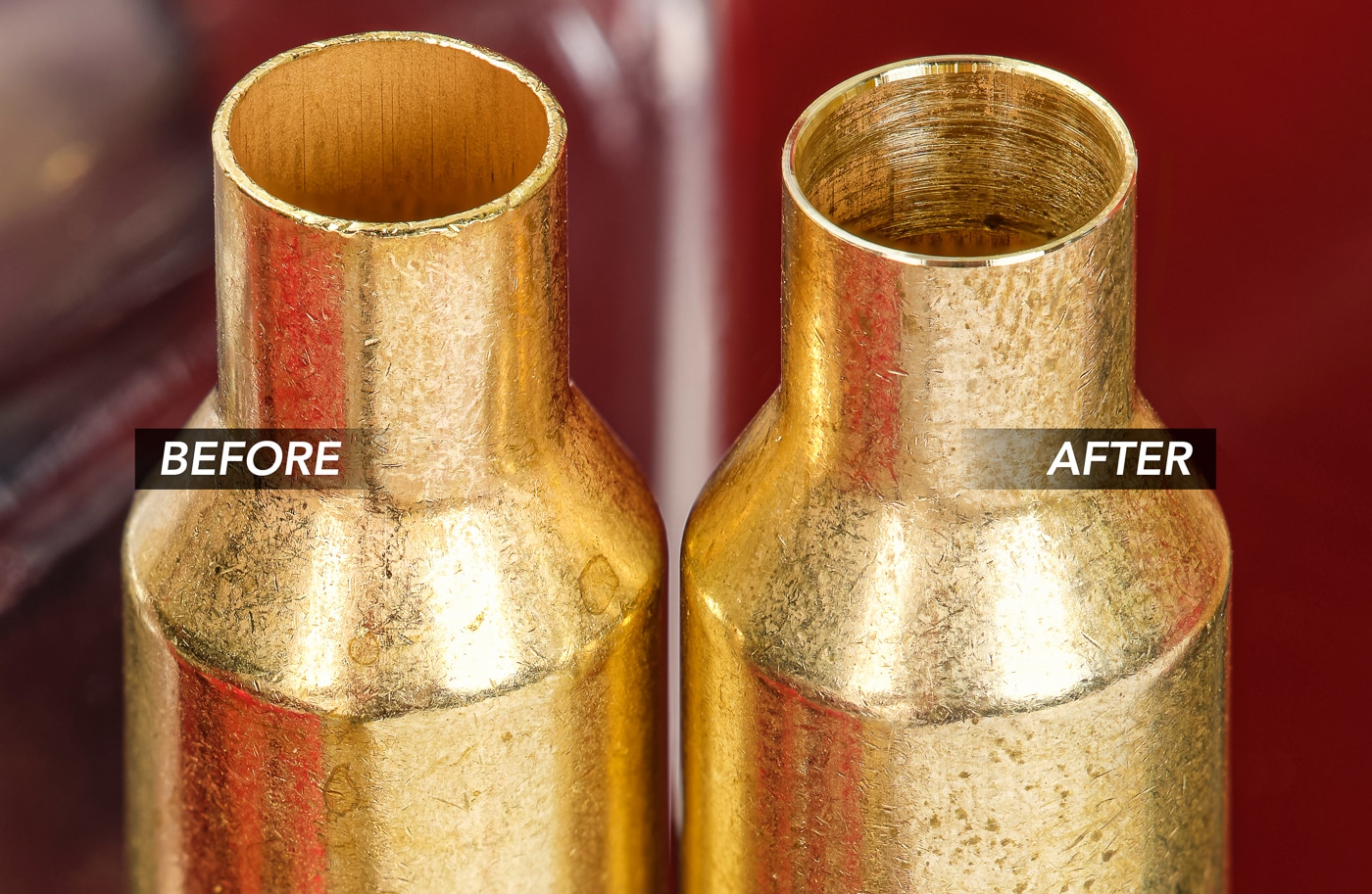 case mouths shown before and after trimming with the Hornady Case Trimmer