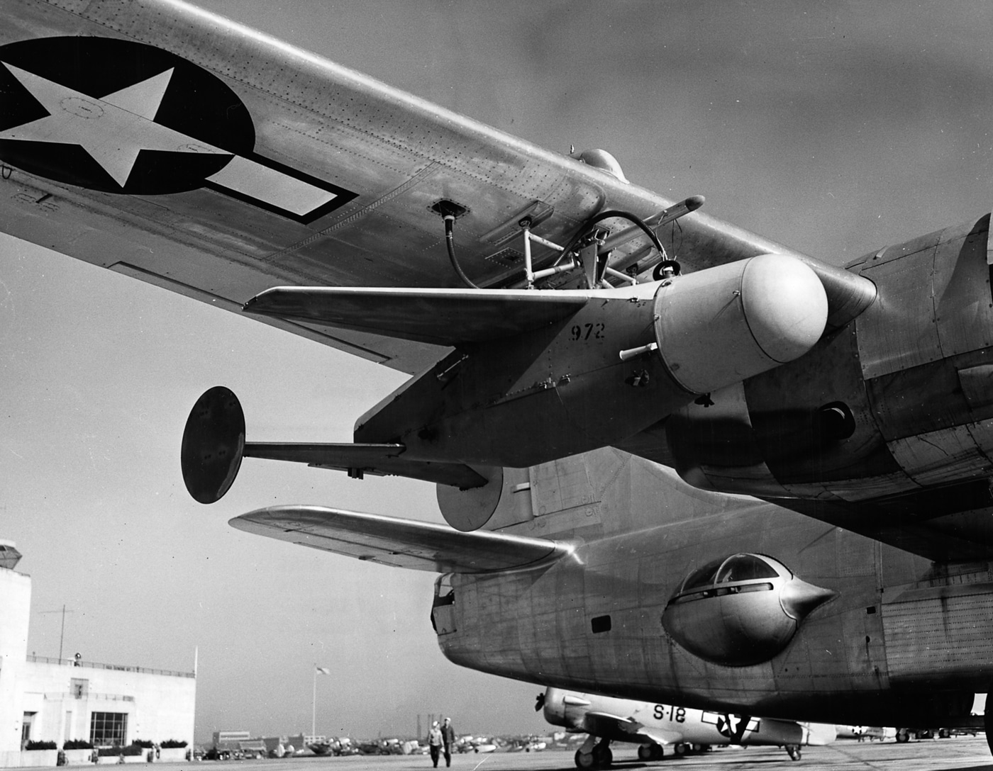 close up of Bat glide bomb attached to the wing of a PB4Y-2 Privateer